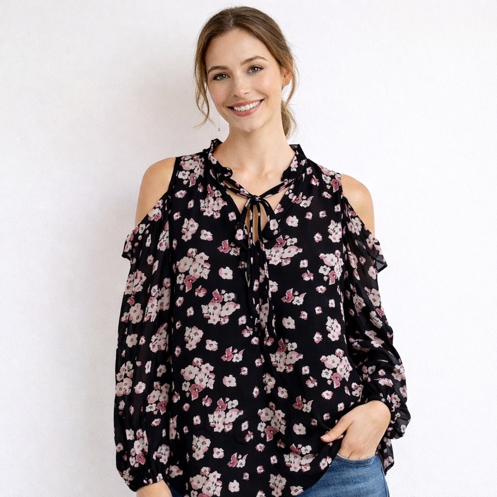 Valerie Stevens Floral Cold Shoulder Long Sleeve Blouse Small
